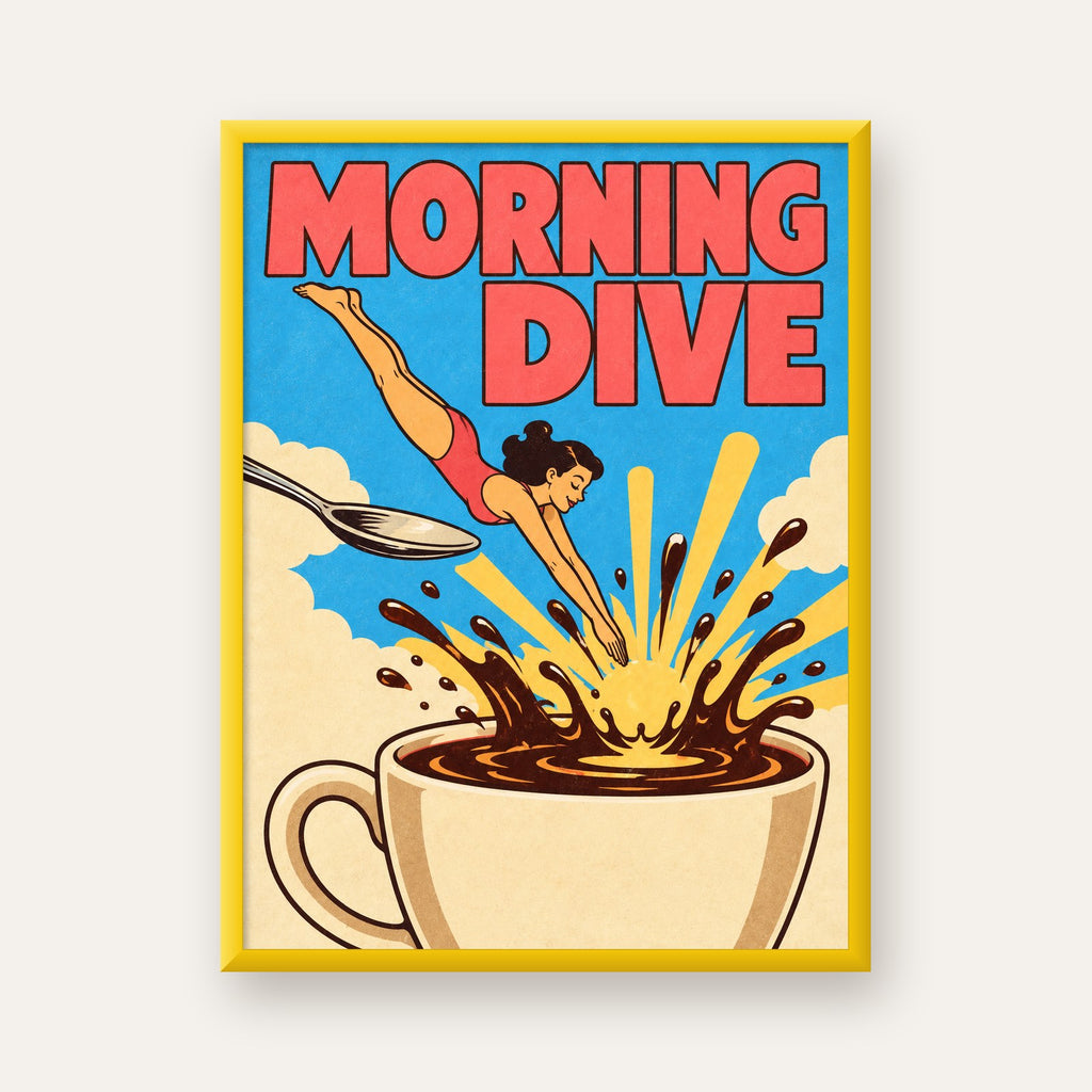 Morning Dive Kahve Fincanına Dalış Pop Art Poster — sarı çerçeveli