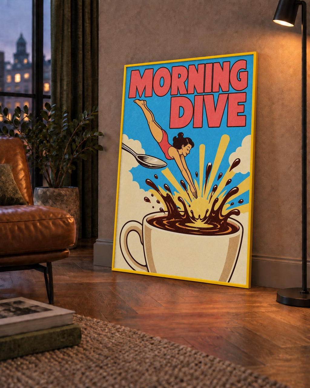 Morning Dive Kahve Fincanına Dalış Pop Art Poster — çerçeveli hâliyle bir ev duvarında