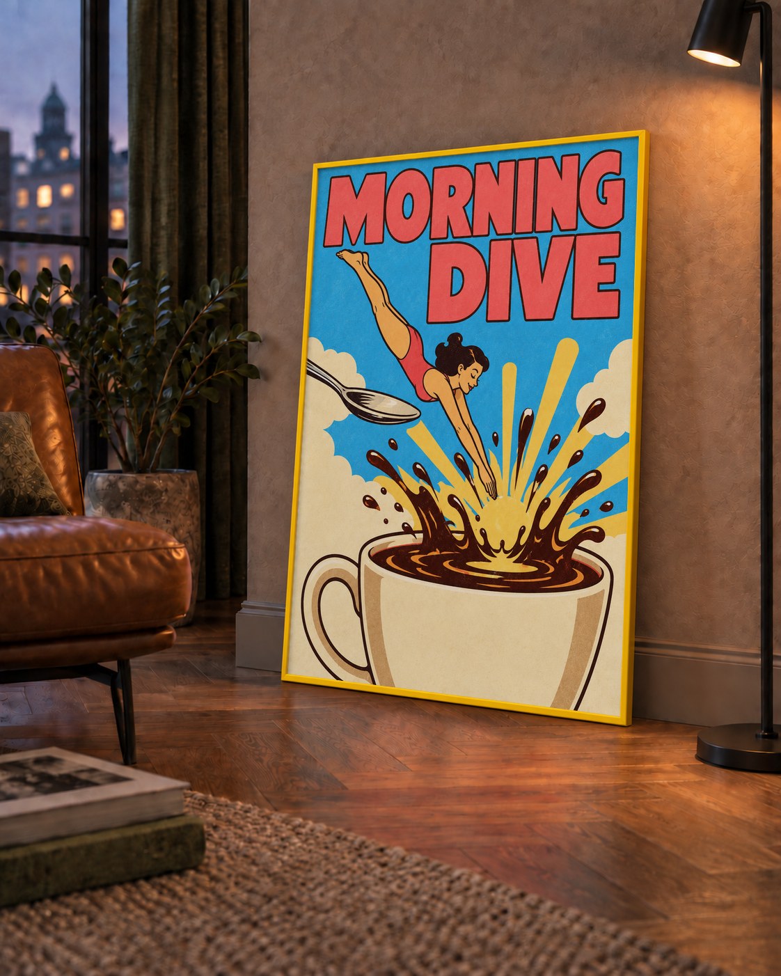 Morning Dive Kahve Fincanına Dalış Pop Art Poster — çerçeveli hâliyle bir ev duvarında