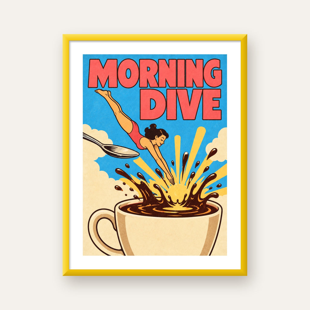 Morning Dive Kahve Fincanına Dalış Pop Art Poster — sarı çerçeveli paspartulu