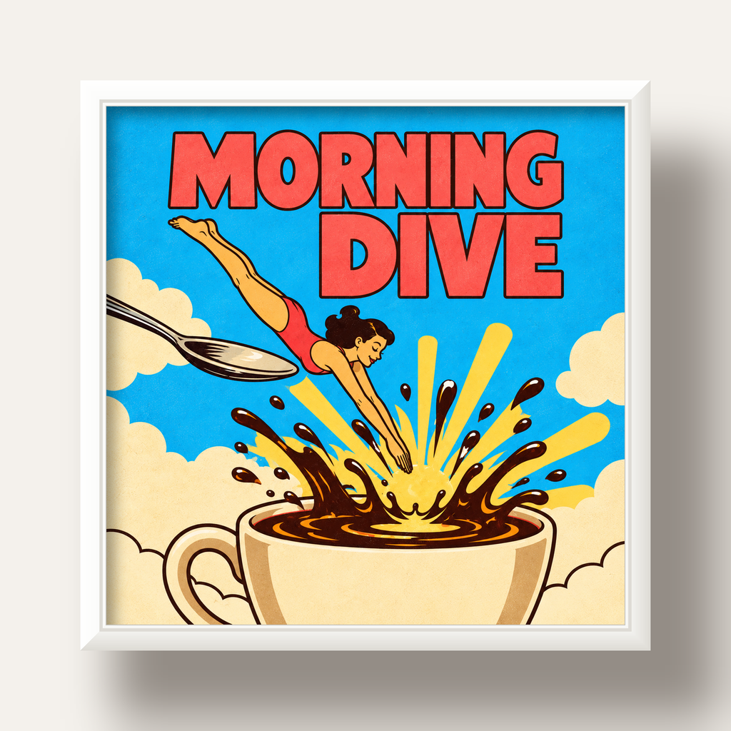 Morning Dive Kahve Fincanına Dalış Pop Art Poster — beyaz derin çerçeveli