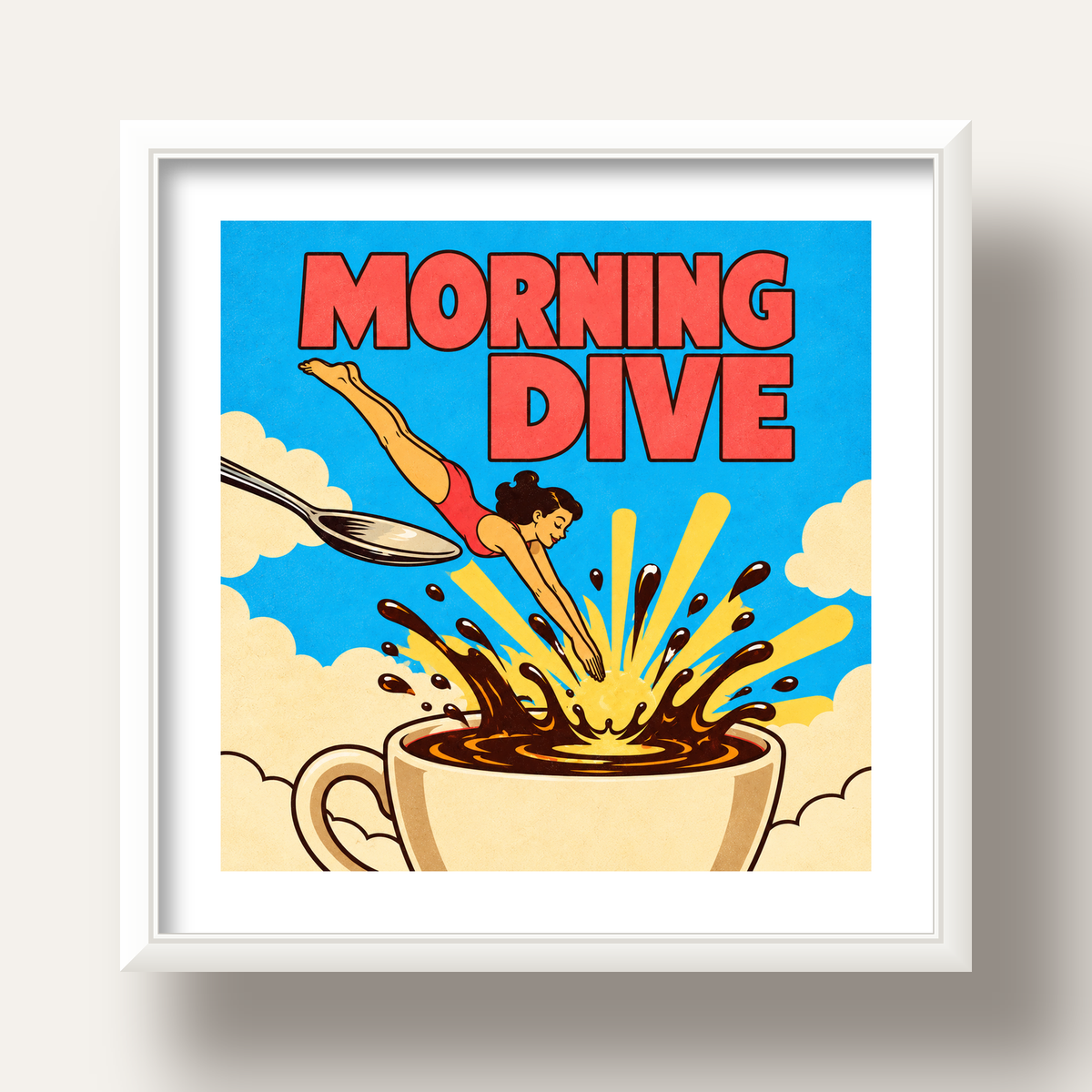 Morning Dive Kahve Fincanına Dalış Pop Art Poster — beyaz derin çerçeveli paspartulu