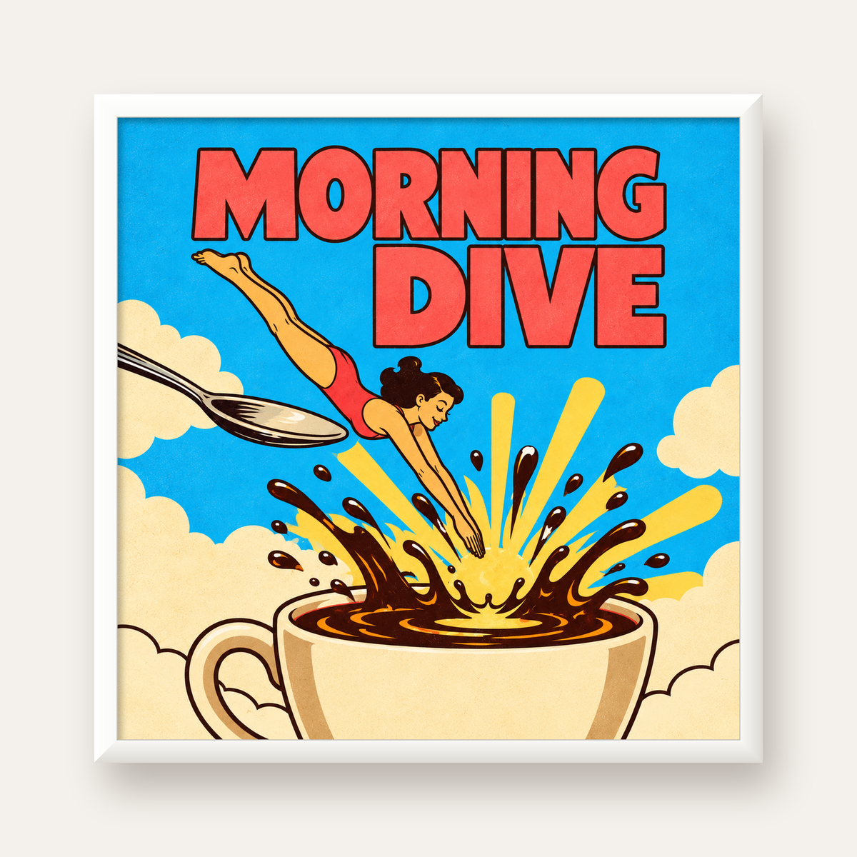 Morning Dive Kahve Fincanına Dalış Pop Art Poster — beyaz çerçeveli kare poster
