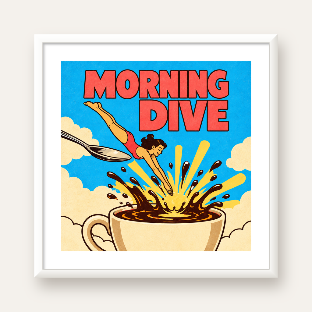 Morning Dive Kahve Fincanına Dalış Pop Art Poster — beyaz çerçeveli kare poster