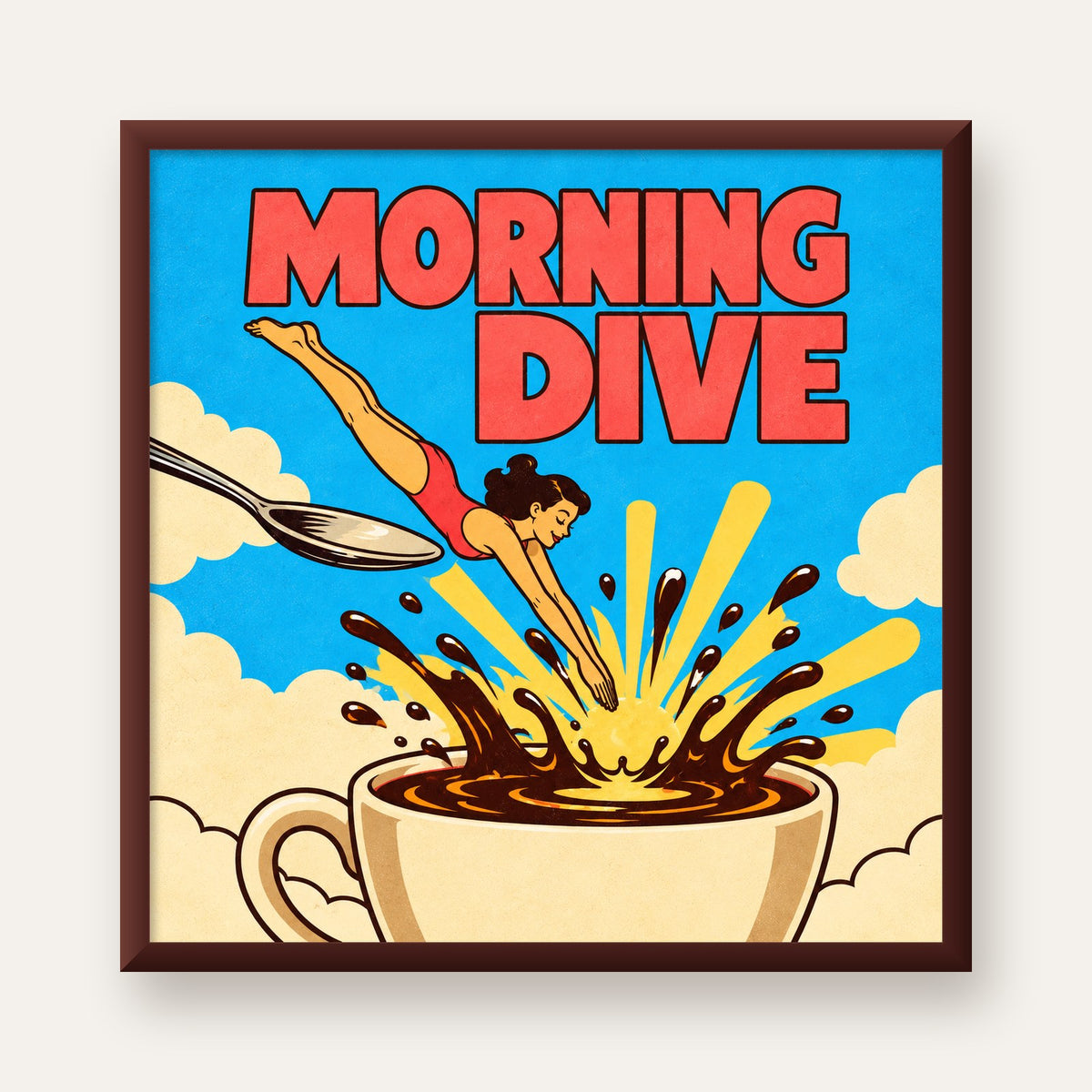 Morning Dive Kahve Fincanına Dalış Pop Art Poster — ceviz çerçeveli