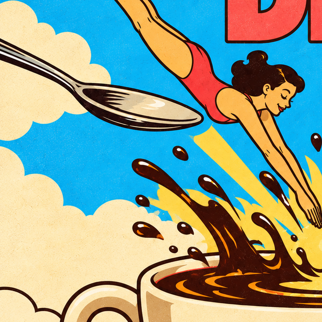 Morning Dive: Retro Kadın ve Kahve Sabahı Poster — baskının yakın çekimi, kâğıt dokusu ve renk detayı