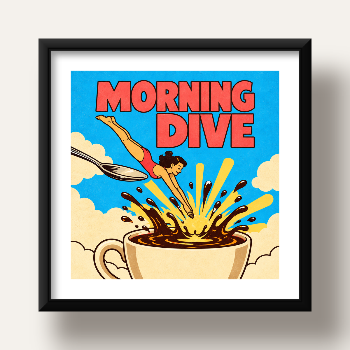 Morning Dive Kahve Fincanına Dalış Pop Art Poster — siyah derin çerçeveli paspartulu