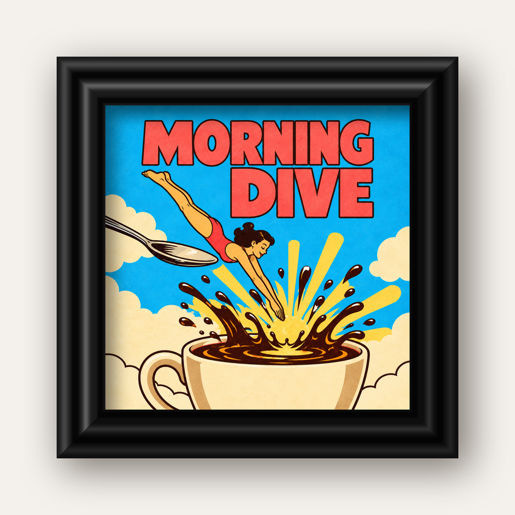 Morning Dive Kahve Fincanına Dalış Pop Art Poster — siyah galeri çerçeveli