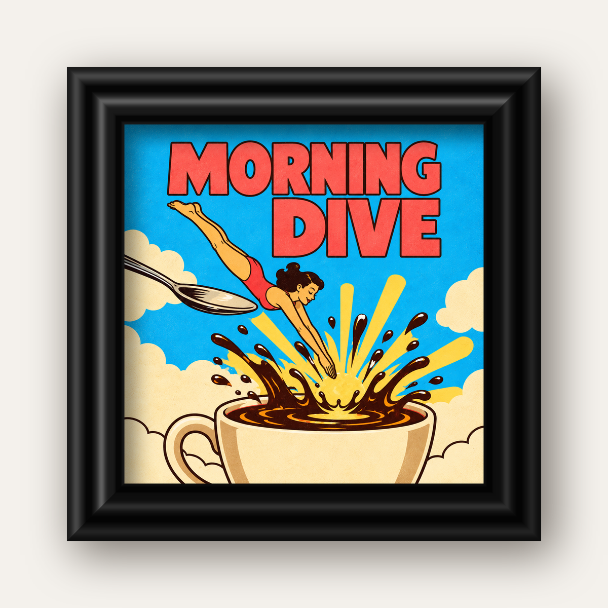 Morning Dive Kahve Fincanına Dalış Pop Art Poster — siyah galeri çerçeveli