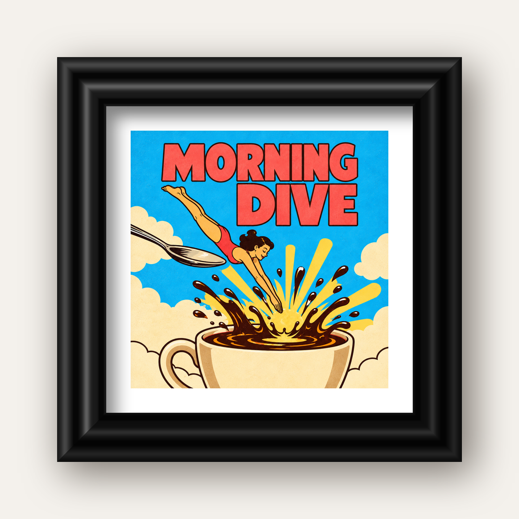 Morning Dive Kahve Fincanına Dalış Pop Art Poster — siyah galeri çerçeveli paspartulu