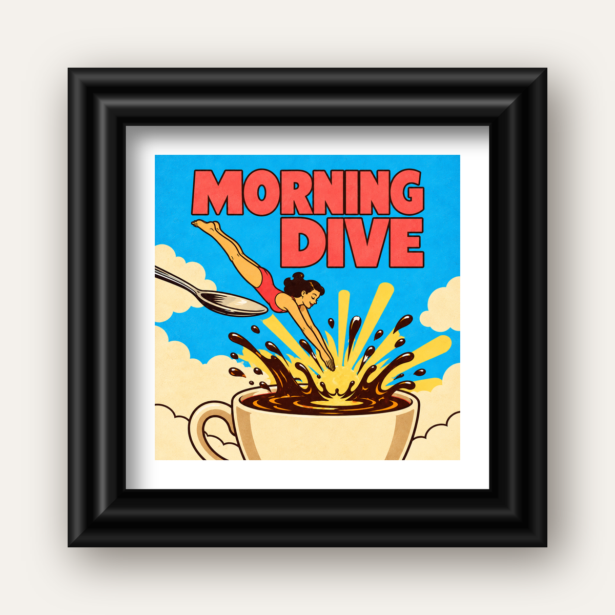 Morning Dive Kahve Fincanına Dalış Pop Art Poster — siyah galeri çerçeveli paspartulu