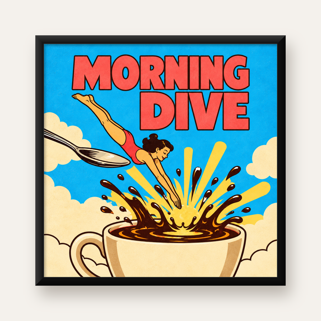 Morning Dive: Retro Kadın ve Kahve Sabahı Poster — Kare baskı, düz siyah çerçeveli duvar posteri