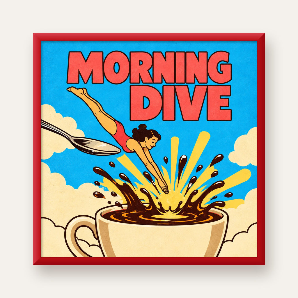 Morning Dive Kahve Fincanına Dalış Pop Art Poster — kırmızı çerçeveli