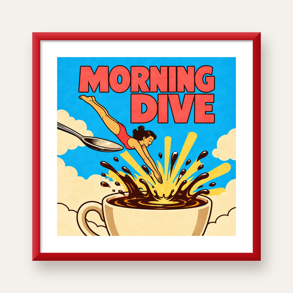 Morning Dive Kahve Fincanına Dalış Pop Art Poster — kırmızı çerçeveli paspartulu
