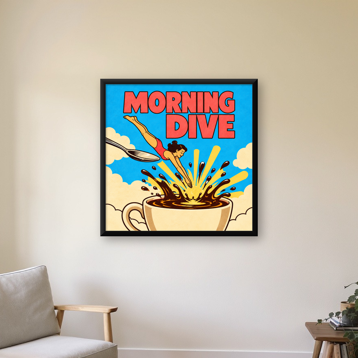 Morning Dive: Retro Kadın ve Kahve Sabahı Poster — Kare baskı, çerçeveli hâliyle bir ev duvarında