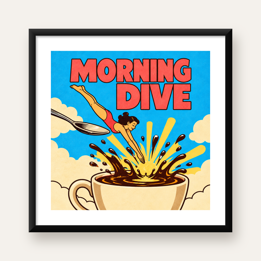 Morning Dive: Retro Kadın ve Kahve Sabahı Poster — Kare baskı, beyaz kenar boşluklu