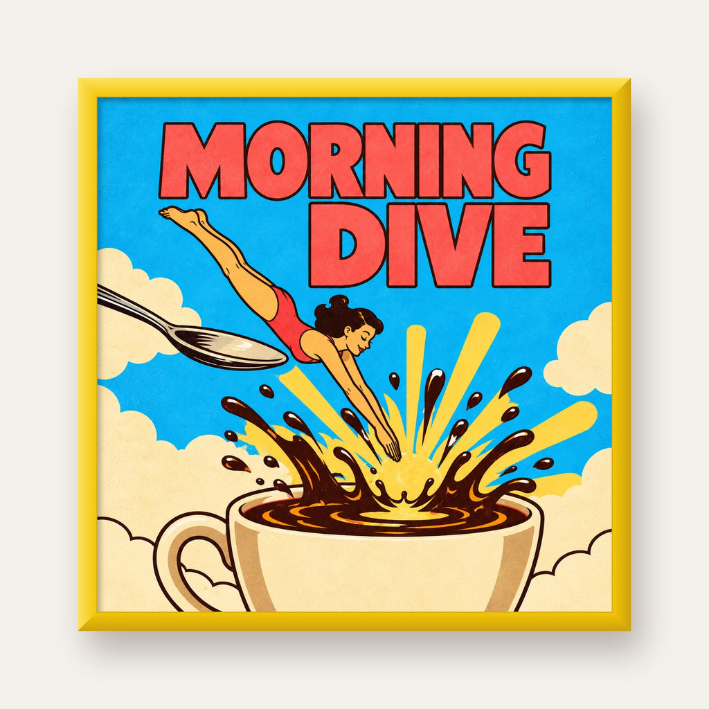 Morning Dive Kahve Fincanına Dalış Pop Art Poster — sarı çerçeveli