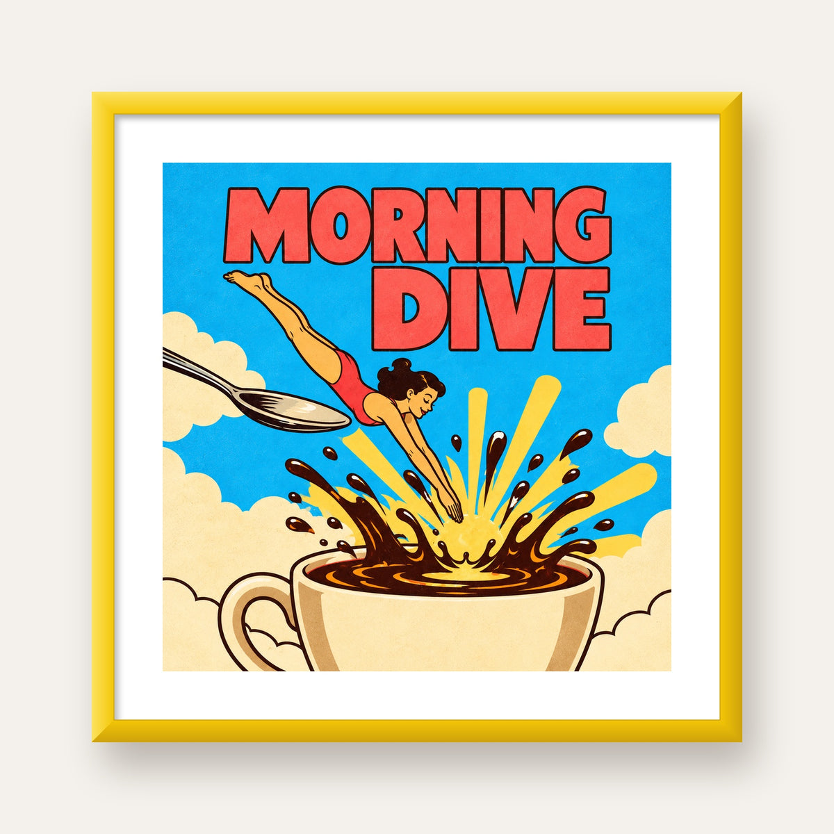 Morning Dive Kahve Fincanına Dalış Pop Art Poster — sarı çerçeveli paspartulu