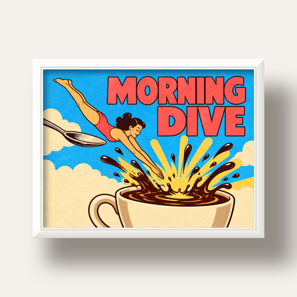 Morning Dive Kahve Fincanına Dalış Pop Art Poster — beyaz derin çerçeveli