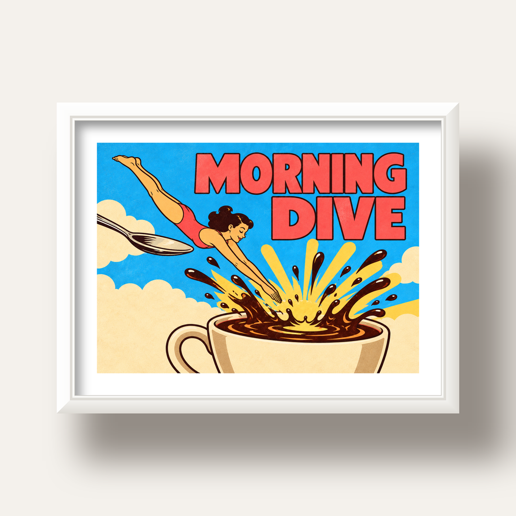 Morning Dive Kahve Fincanına Dalış Pop Art Poster — beyaz derin çerçeveli paspartulu
