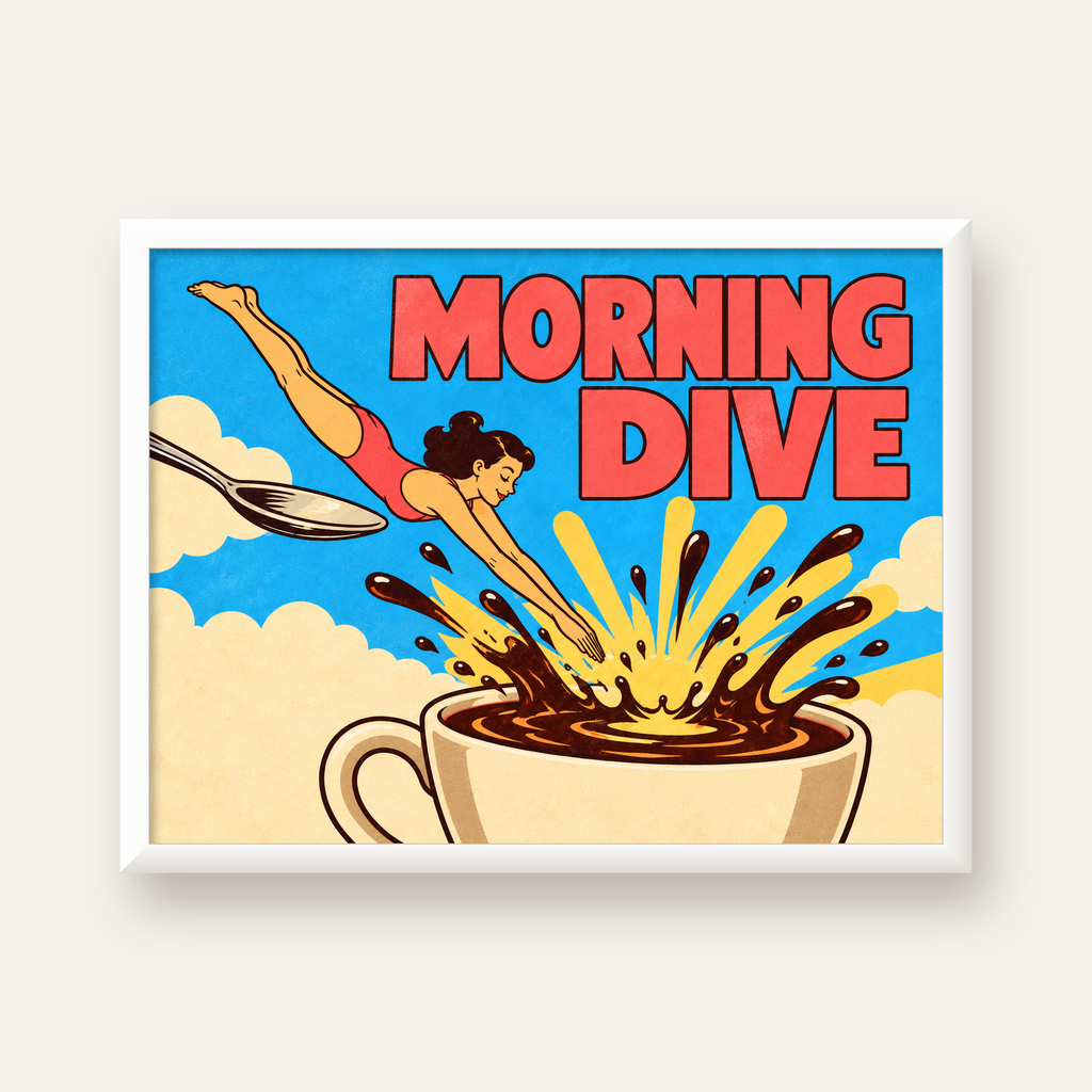 Morning Dive Kahve Fincanına Dalış Pop Art Poster — beyaz çerçeveli yatay poster