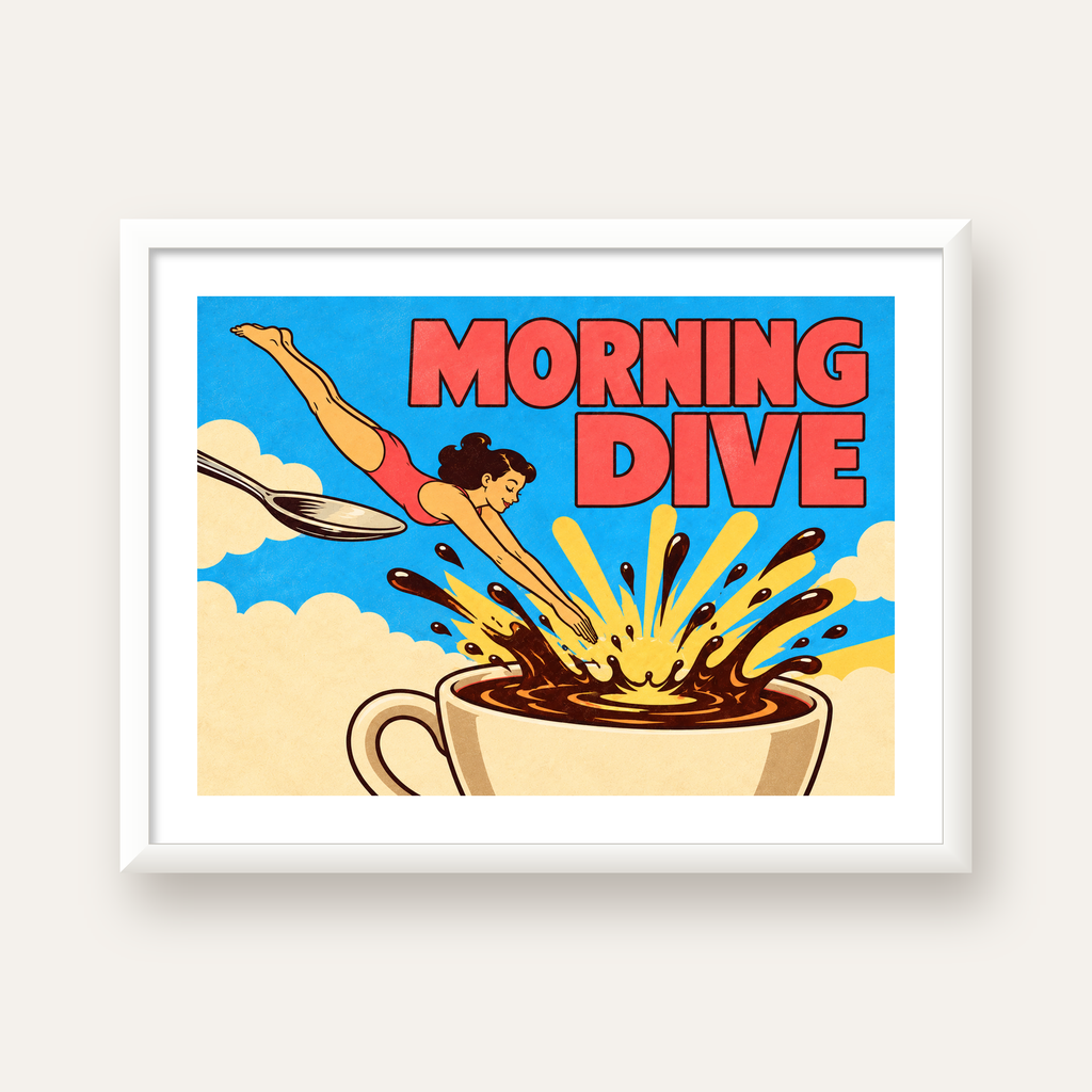 Morning Dive Kahve Fincanına Dalış Pop Art Poster — beyaz çerçeveli yatay poster