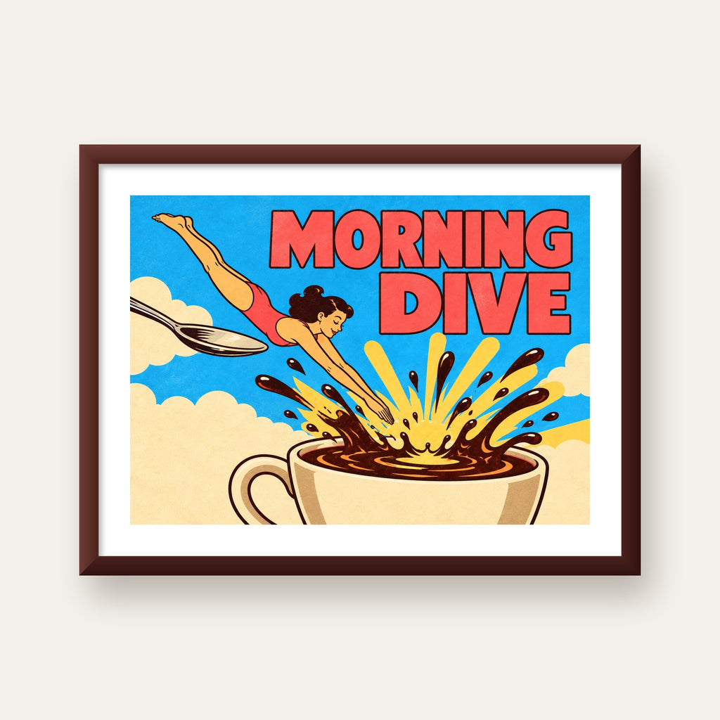 Morning Dive Kahve Fincanına Dalış Pop Art Poster — ceviz çerçeveli paspartulu