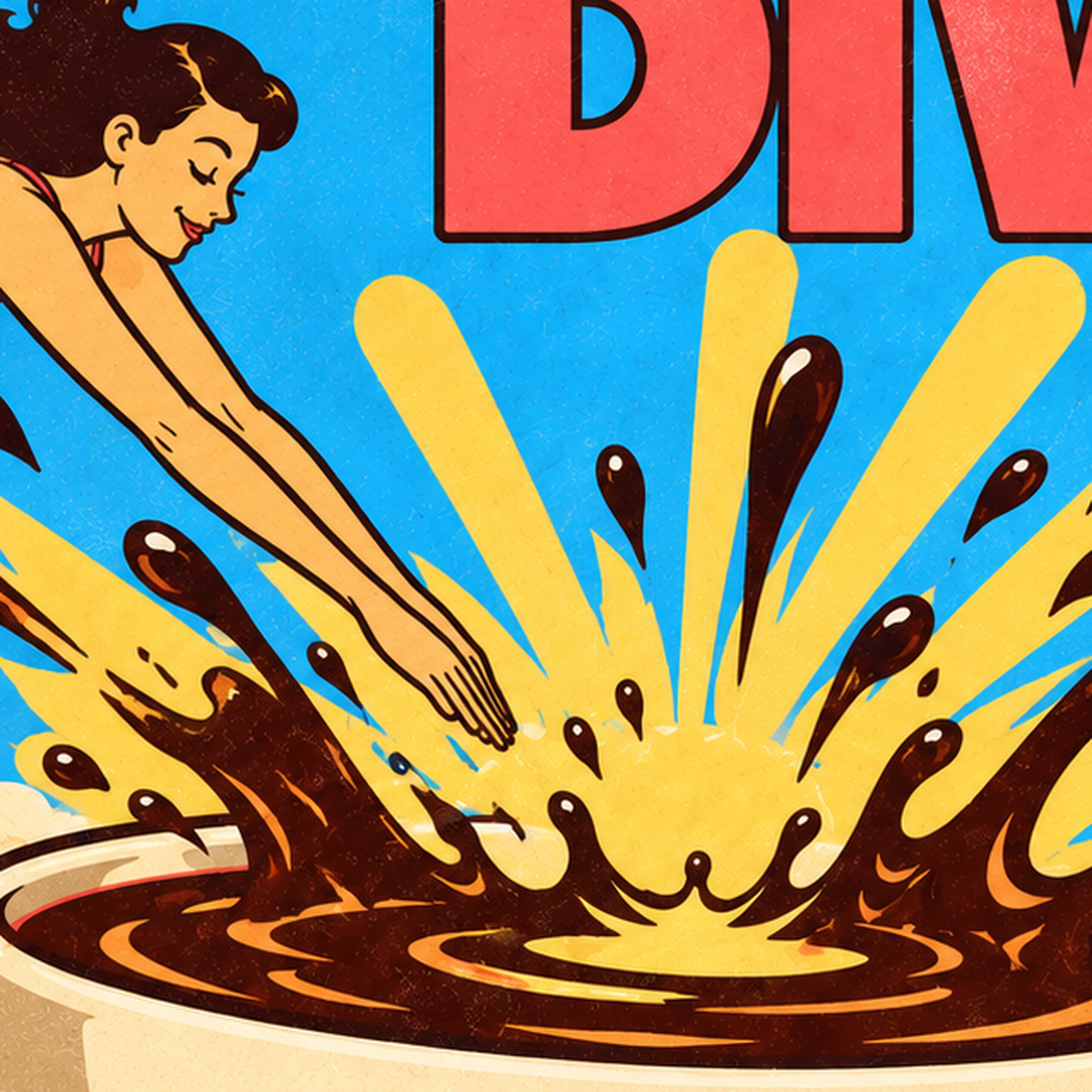 Morning Dive: Retro Kadın ve Kahve Sabahı Poster — baskının yakın çekimi, kâğıt dokusu ve renk detayı