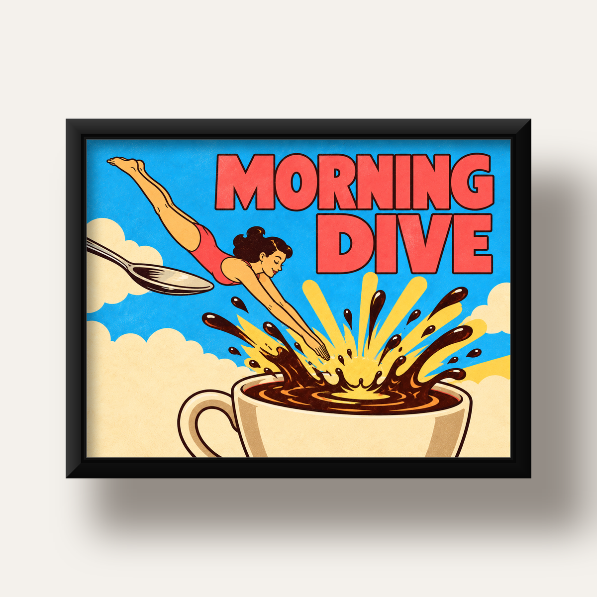 Morning Dive Kahve Fincanına Dalış Pop Art Poster — siyah derin çerçeveli