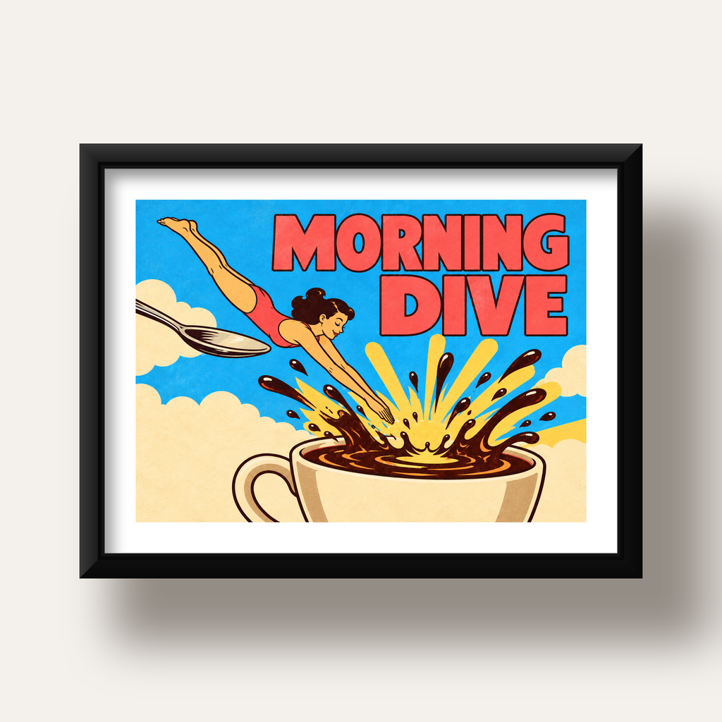 Morning Dive Kahve Fincanına Dalış Pop Art Poster — siyah derin çerçeveli paspartulu