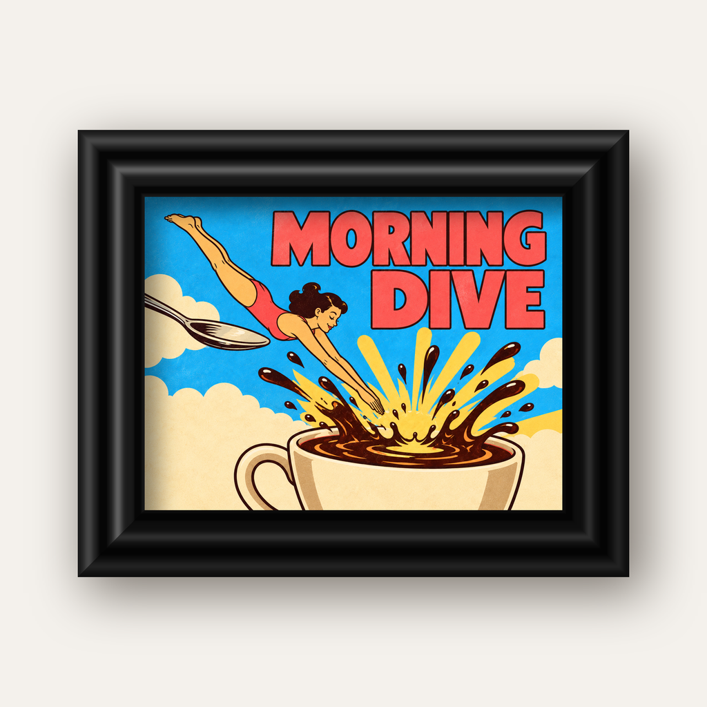 Morning Dive Kahve Fincanına Dalış Pop Art Poster — siyah galeri çerçeveli