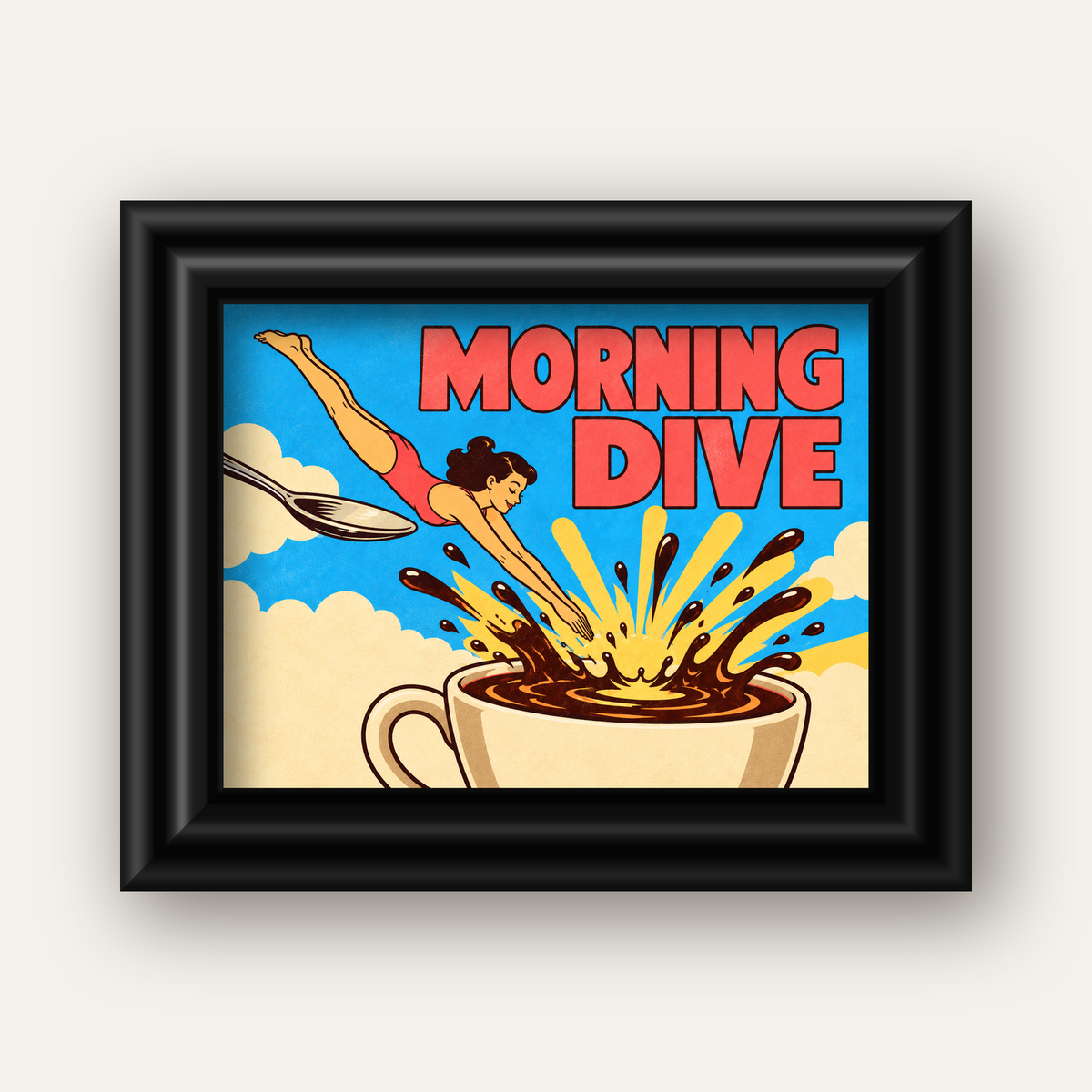 Morning Dive Kahve Fincanına Dalış Pop Art Poster — siyah galeri çerçeveli