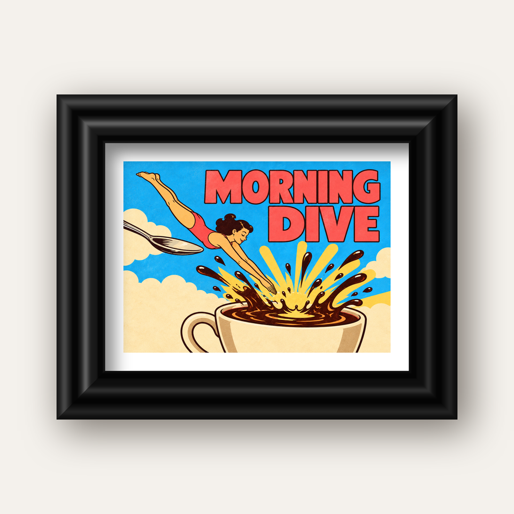Morning Dive Kahve Fincanına Dalış Pop Art Poster — siyah galeri çerçeveli paspartulu
