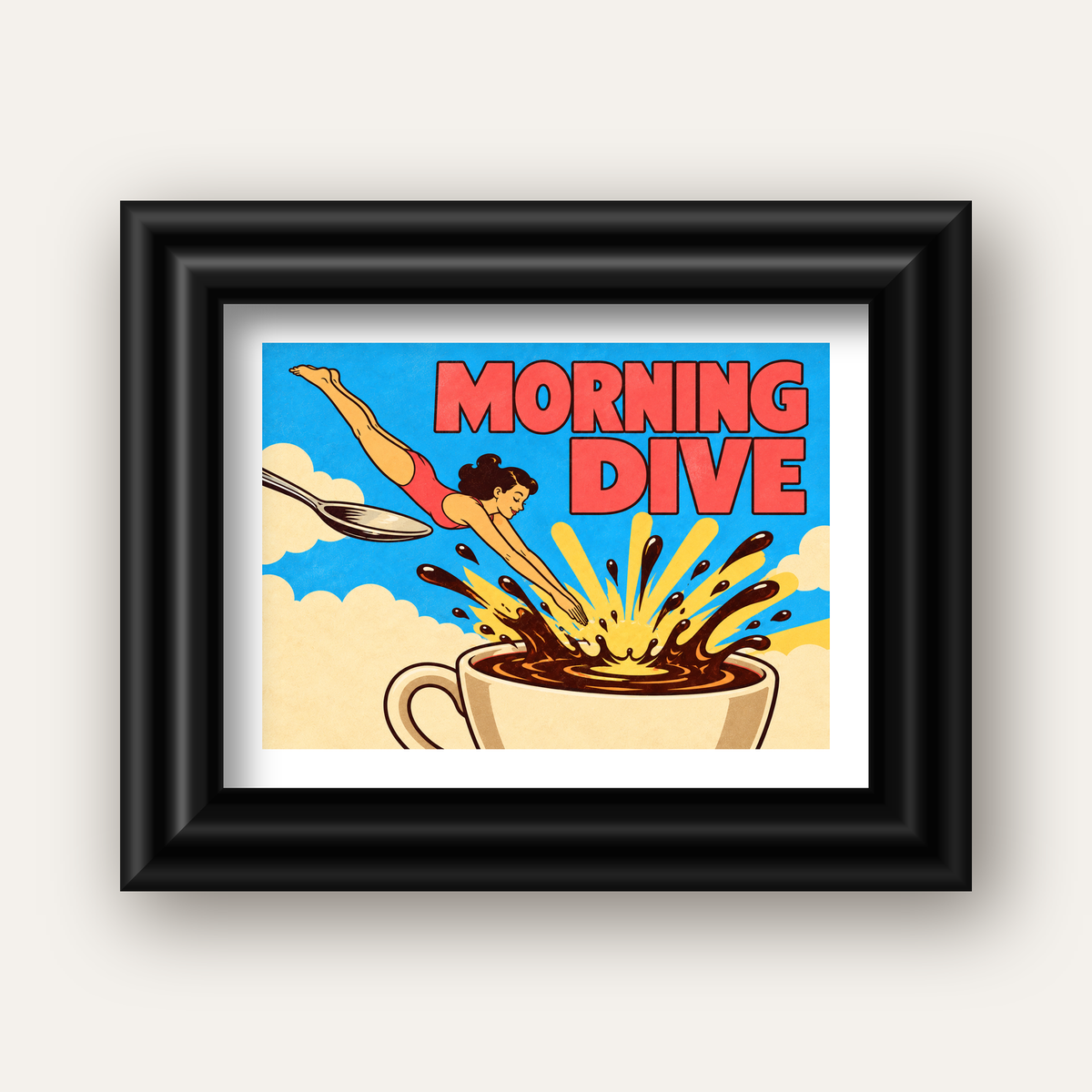 Morning Dive Kahve Fincanına Dalış Pop Art Poster — siyah galeri çerçeveli paspartulu