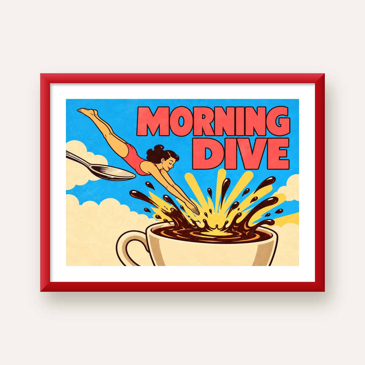 Morning Dive Kahve Fincanına Dalış Pop Art Poster — kırmızı çerçeveli paspartulu