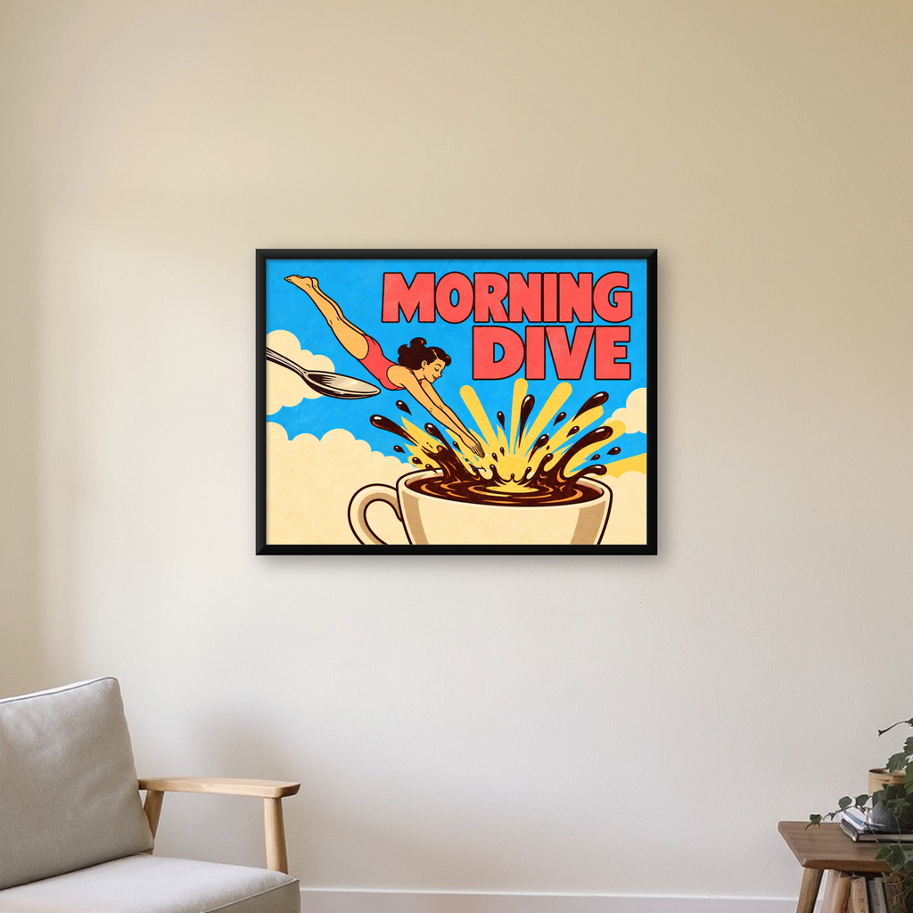 Morning Dive: Retro Kadın ve Kahve Sabahı Poster — Yatay baskı, çerçeveli hâliyle bir ev duvarında