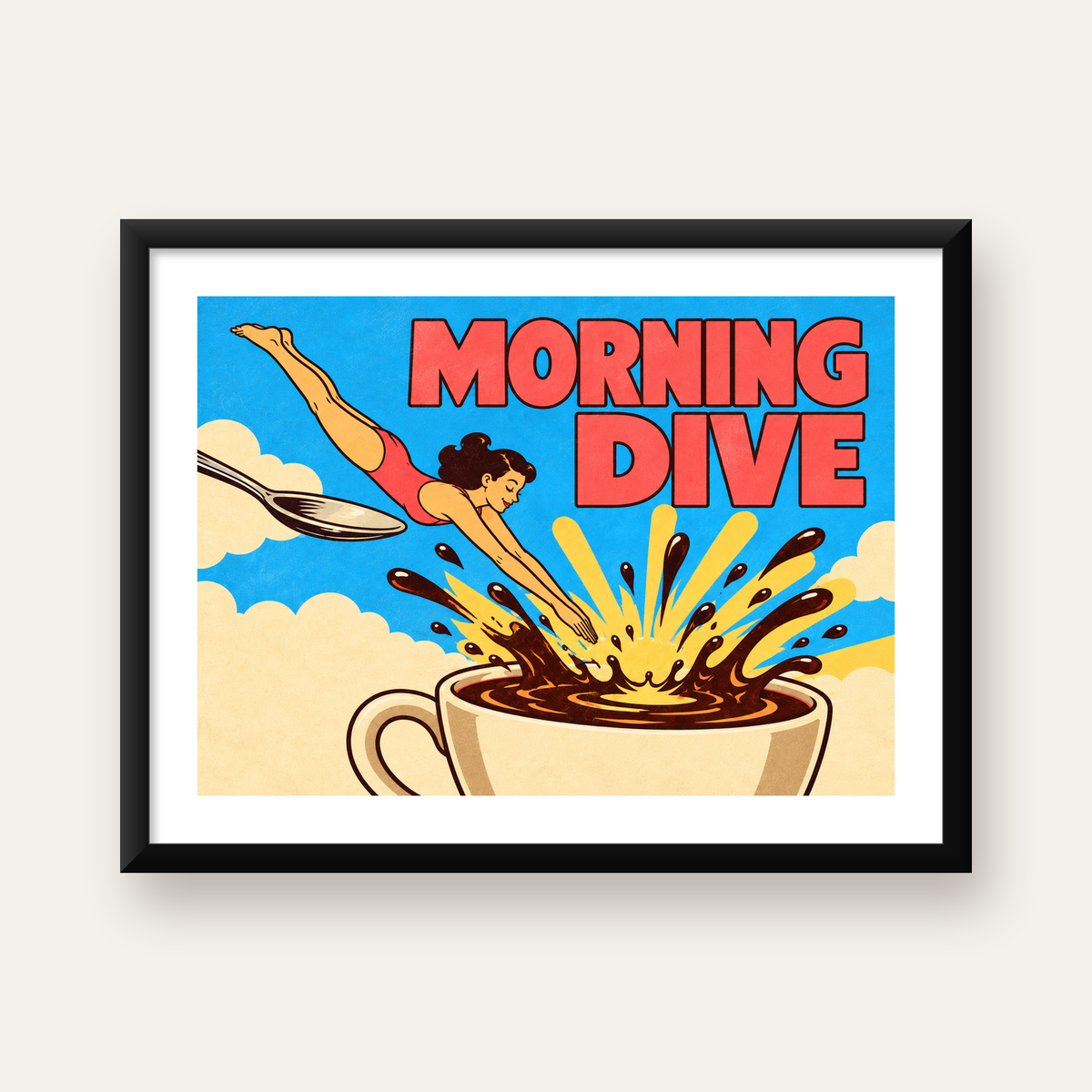 Morning Dive: Retro Kadın ve Kahve Sabahı Poster — Yatay baskı, beyaz kenar boşluklu