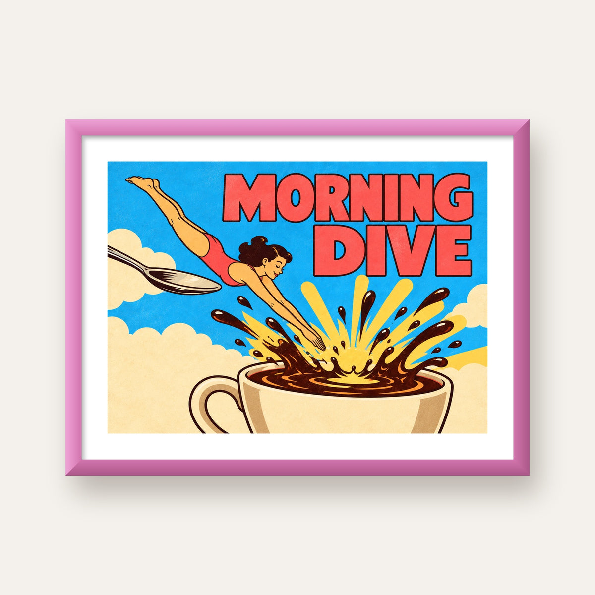 Morning Dive Kahve Fincanına Dalış Pop Art Poster — pembe çerçeveli paspartulu