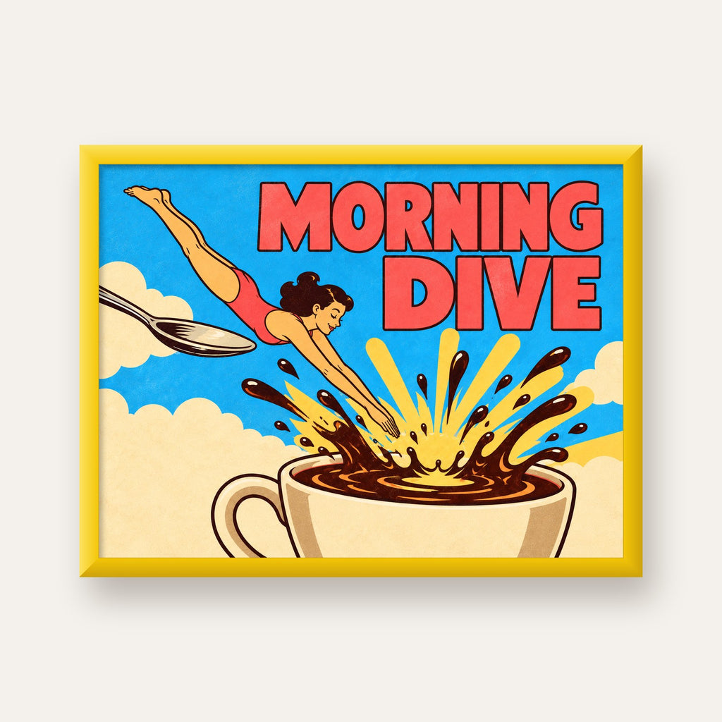 Morning Dive Kahve Fincanına Dalış Pop Art Poster — sarı çerçeveli