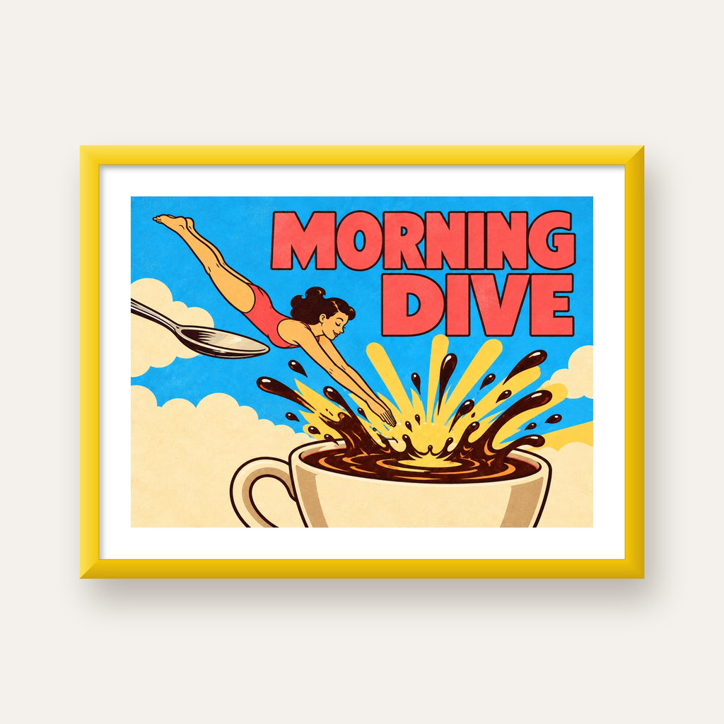 Morning Dive Kahve Fincanına Dalış Pop Art Poster — sarı çerçeveli paspartulu
