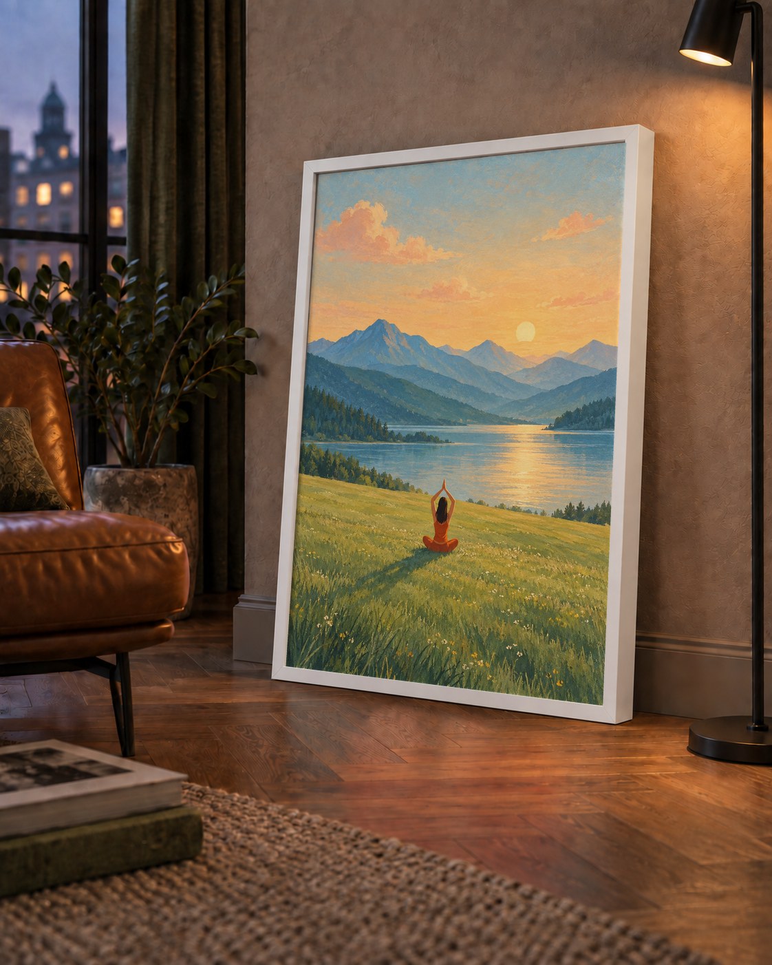 Dağ Meditasyonu Manzara Poster — çerçeveli hâliyle bir ev duvarında