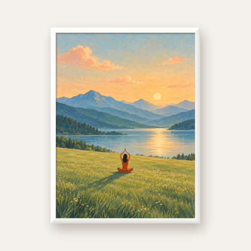 Dağ Meditasyonu Manzara Poster — beyaz çerçeveli dikey poster