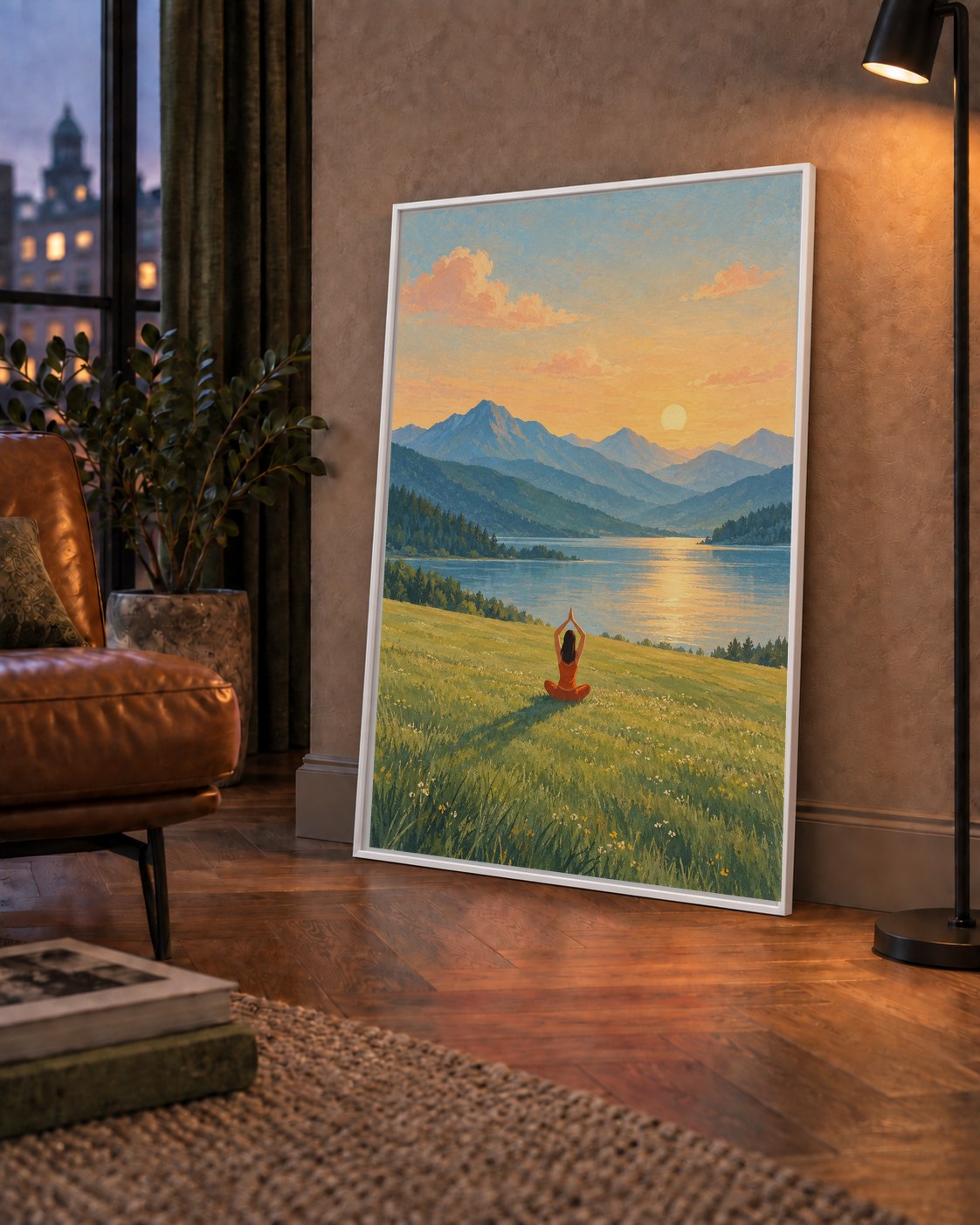 Dağ Meditasyonu Manzara Poster — çerçeveli hâliyle bir ev duvarında