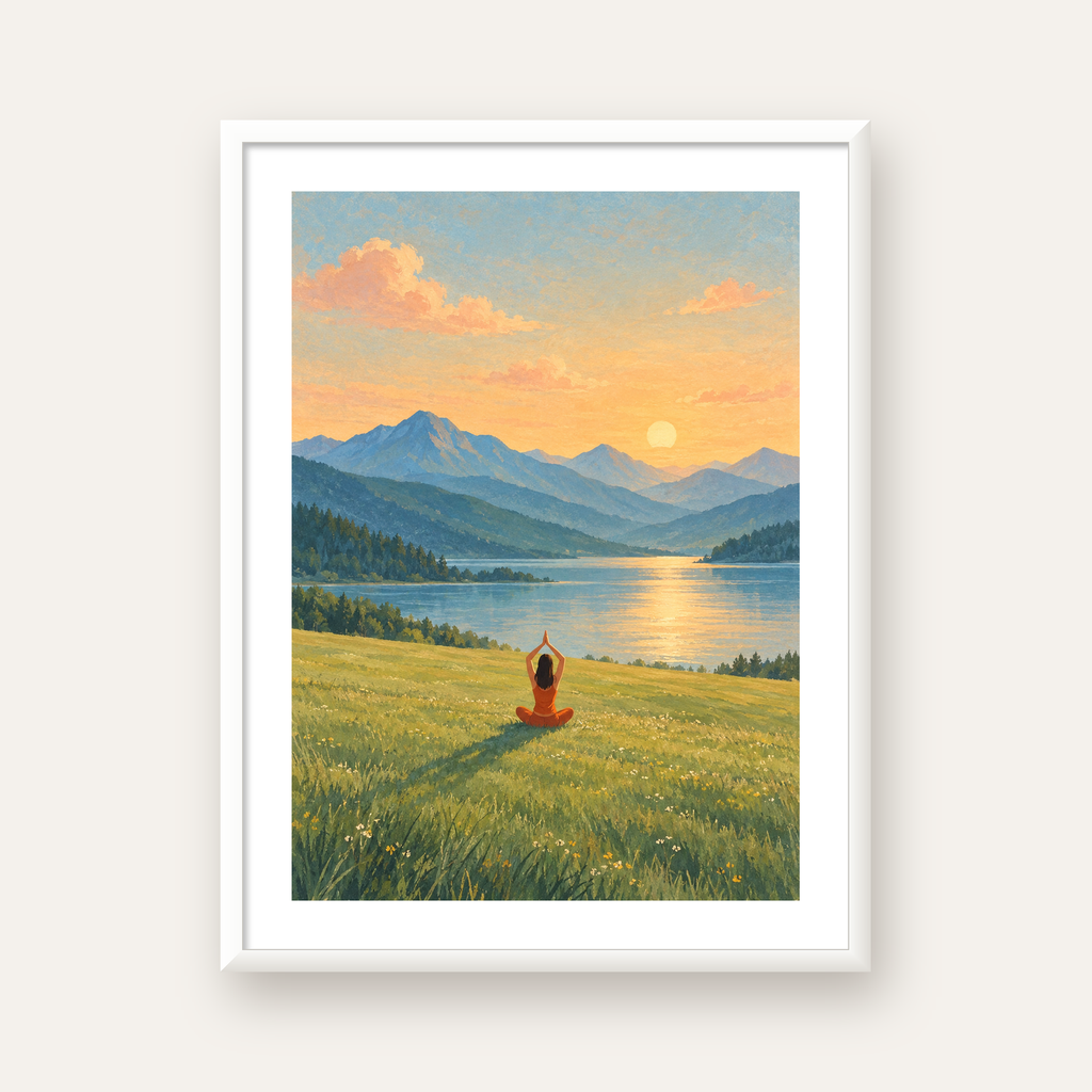 Dağ Meditasyonu Manzara Poster — beyaz çerçeveli dikey poster