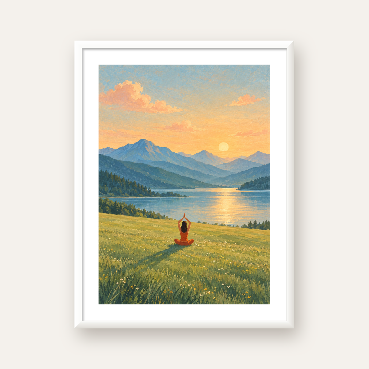 Dağ Meditasyonu Manzara Poster — beyaz çerçeveli dikey poster