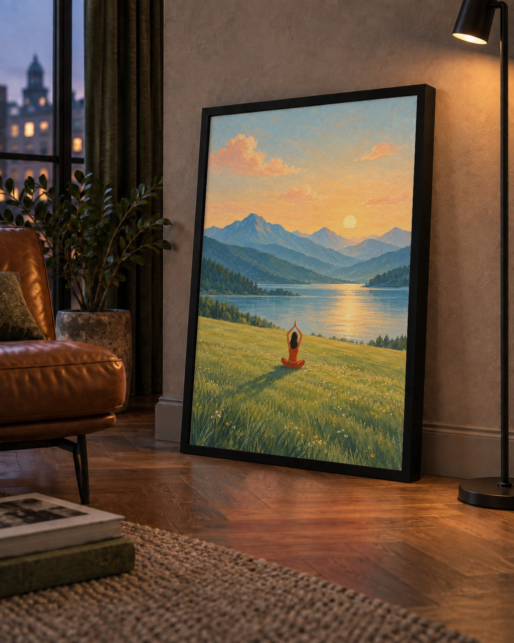 Dağ Meditasyonu Manzara Poster — çerçeveli hâliyle bir ev duvarında