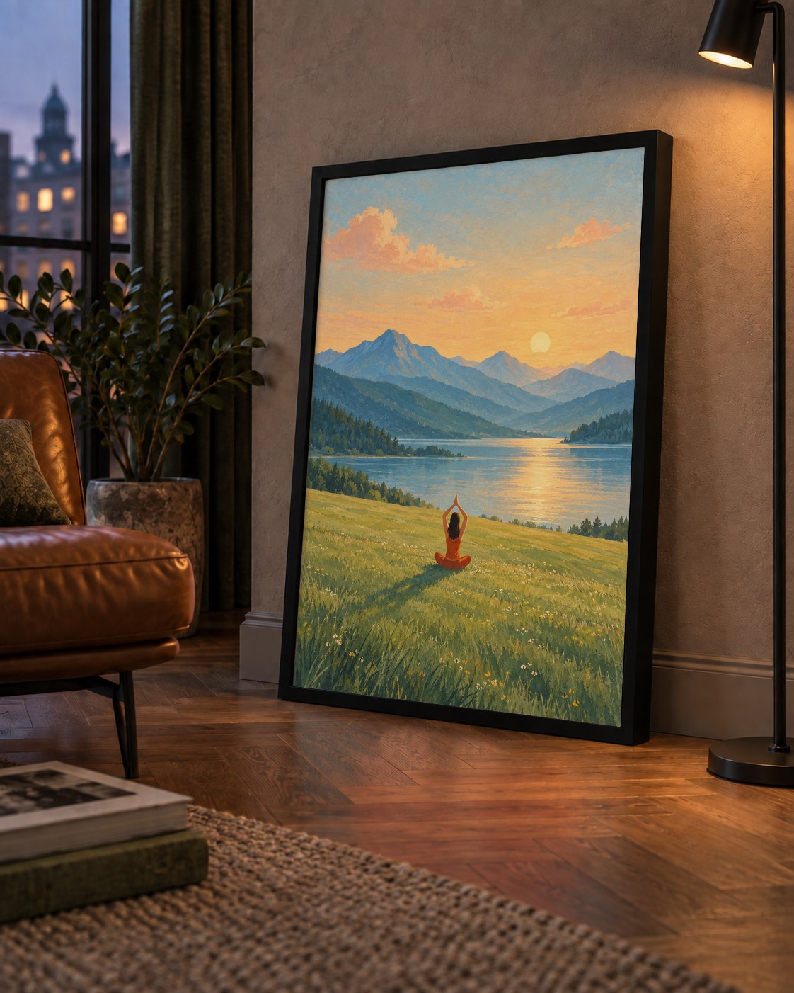 Dağ Meditasyonu Manzara Poster — çerçeveli hâliyle bir ev duvarında