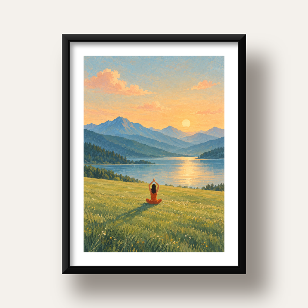 Dağ Meditasyonu Manzara Poster — siyah derin çerçeveli paspartulu