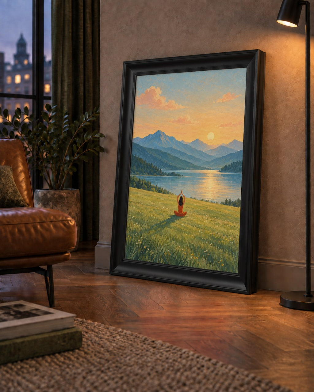 Dağ Meditasyonu Manzara Poster — çerçeveli hâliyle bir ev duvarında