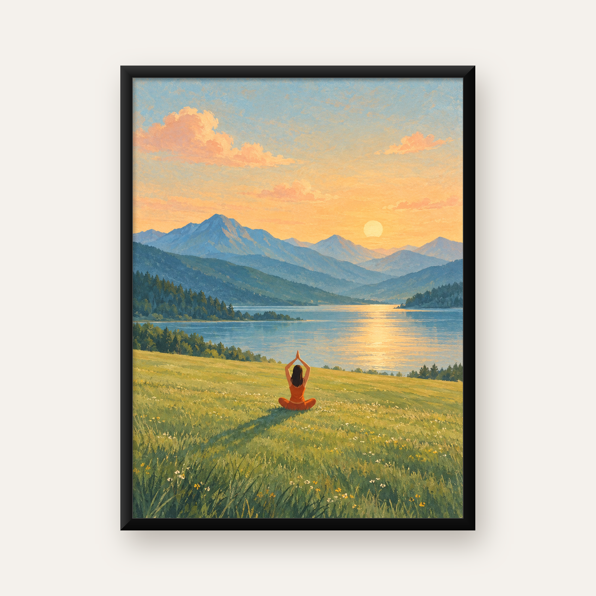 Doğada Meditasyon Manzarası Poster – Yoga ve Huzur Sanat Baskısı — Dikey baskı, düz siyah çerçeveli duvar posteri